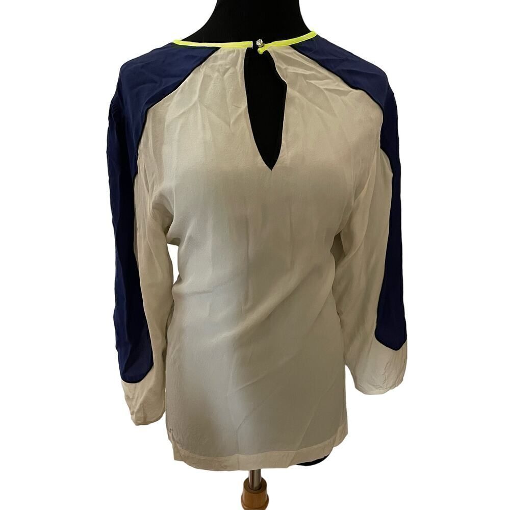 Vionnet Womens Silk Top Sz 42 Cream Navy Round Neck Raglan 3/4 Sleeve